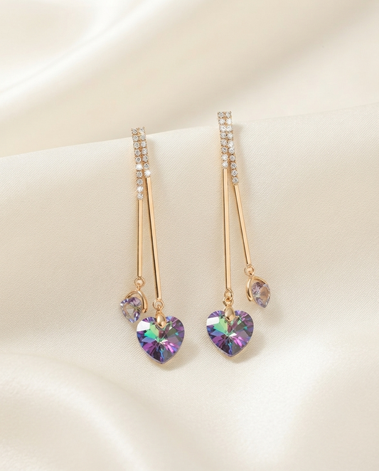 18K Gold Plated Iridescent Crystal Heart Dangle Earrings-Lilac