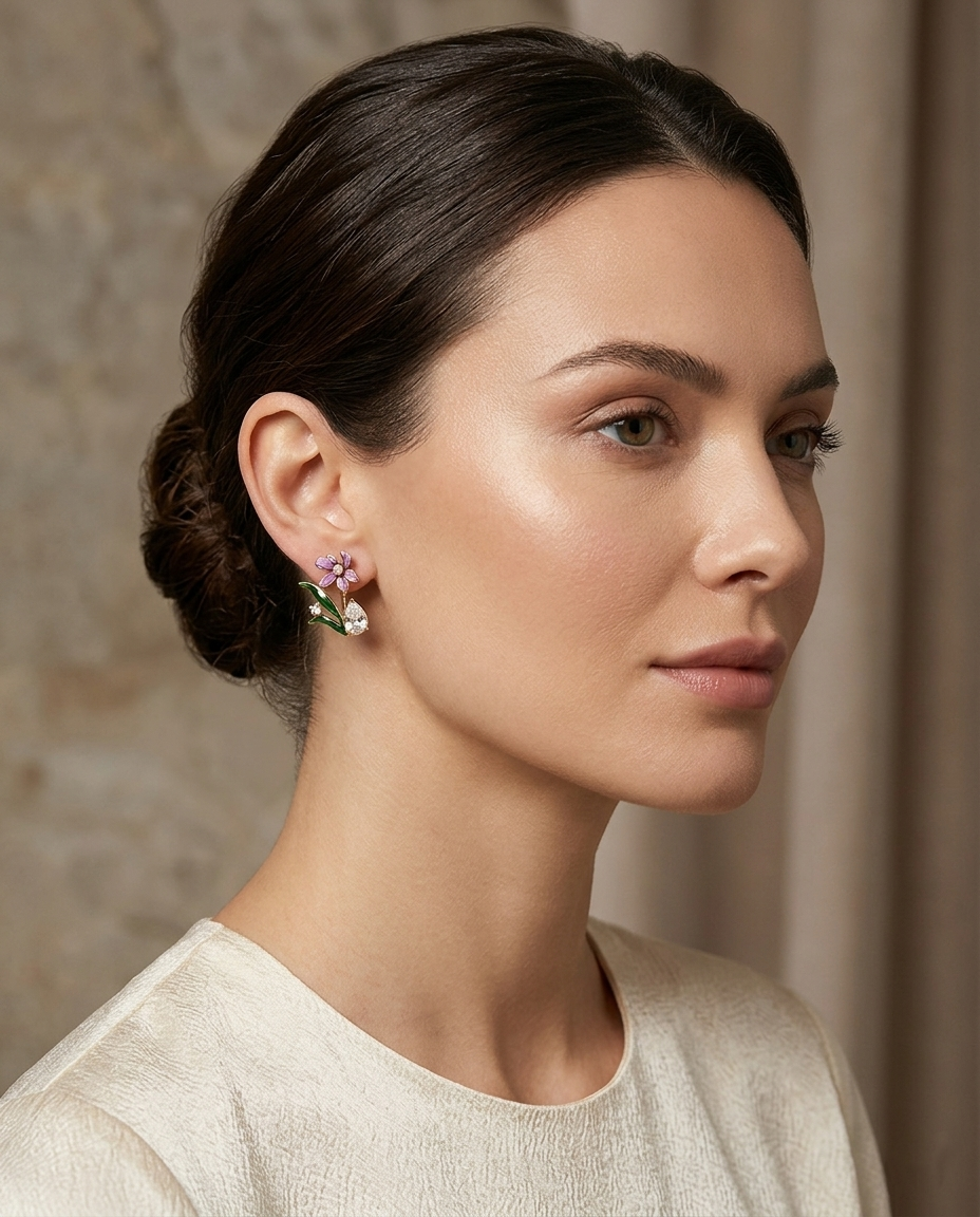 18K Gold Plated Lavender & Emerald Enamel Blossom Earrings