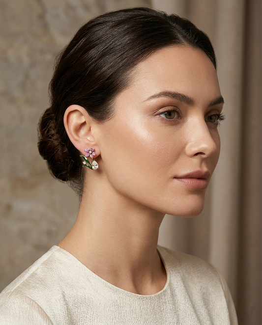 18K Gold Plated Lavender & Emerald Enamel Blossom Earrings