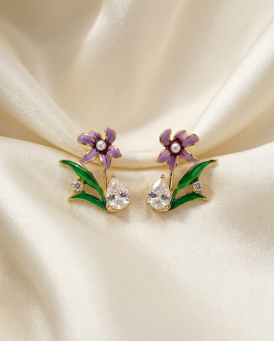 18K Gold Plated Lavender & Emerald Enamel Blossom Earrings