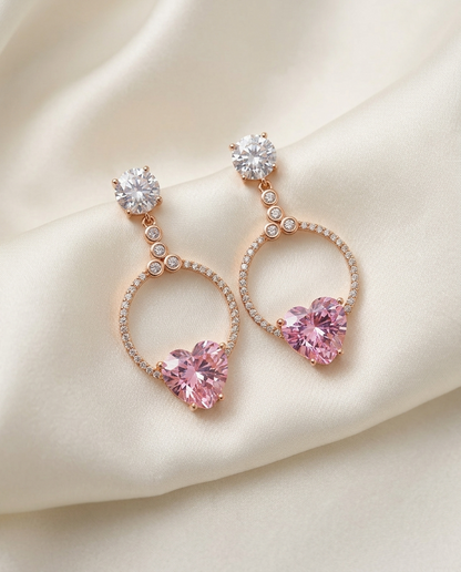 18K Gold Plated Light Pink Heart Crystal Drop Earrings