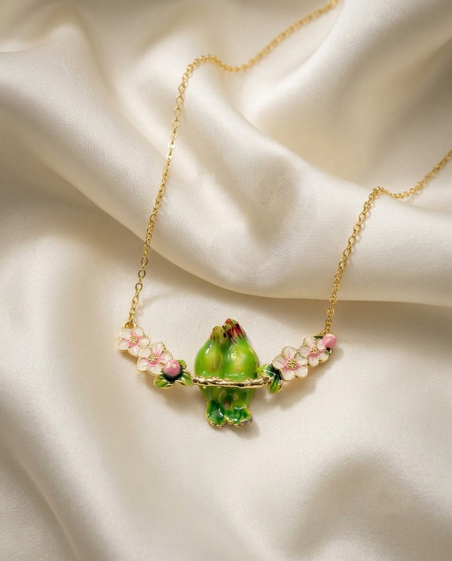 18K Gold Plated Lovebirds & Cherry Blossom Necklace
