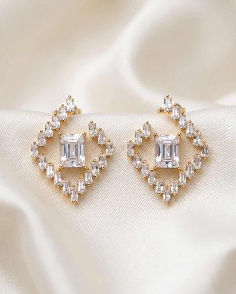 18K Gold Plated Mirrored Baguette Crystal Earring