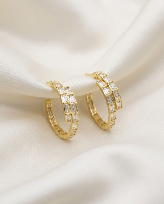 18K Gold Plated Mirrored Baguette Hoop Earrings