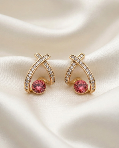 18K Gold Plated Mirrored Crystal J Shape Earrings - Pink