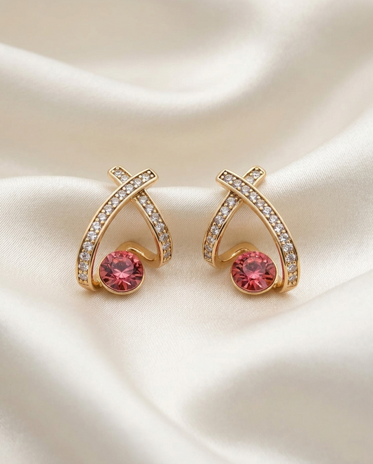 18K Gold Plated Mirrored Crystal J Shape Earrings - Pink