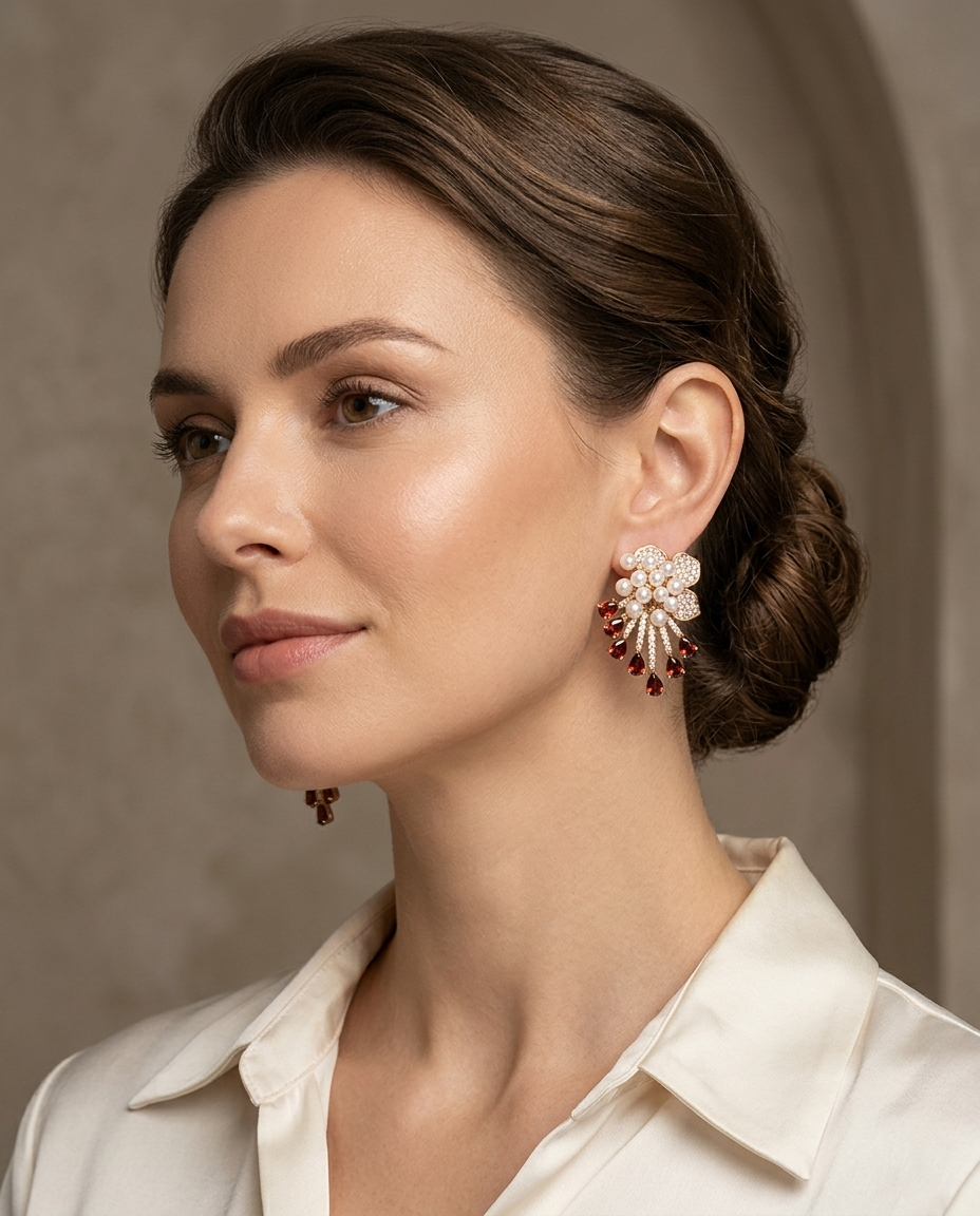 18K Gold Plated Mirrored Floral Pearl Earrings