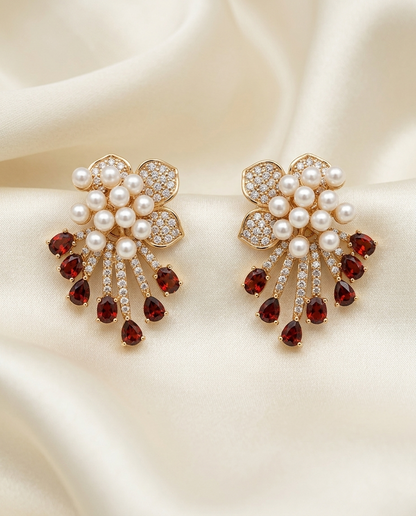 18K Gold Plated Mirrored Floral Pearl Earrings