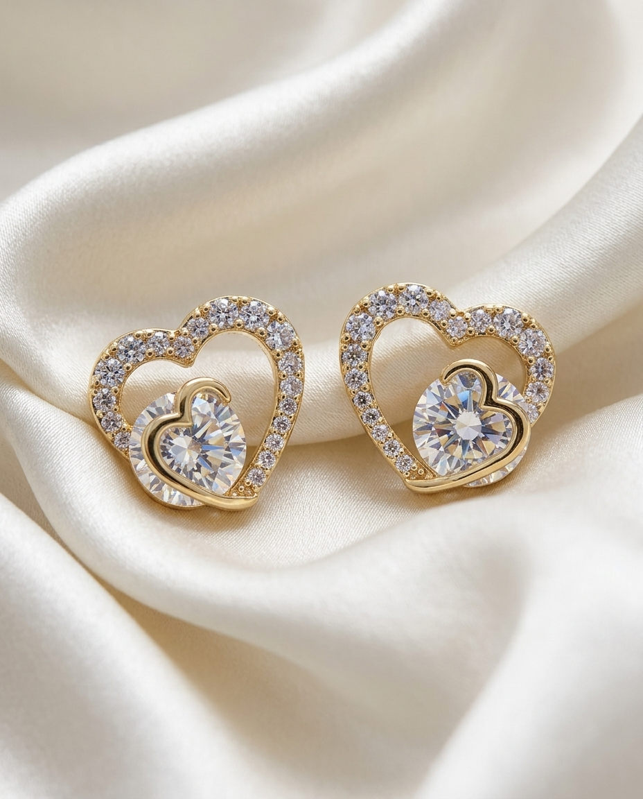 18K Gold Plated Mirrored Gold Double Heart Stud Earrings