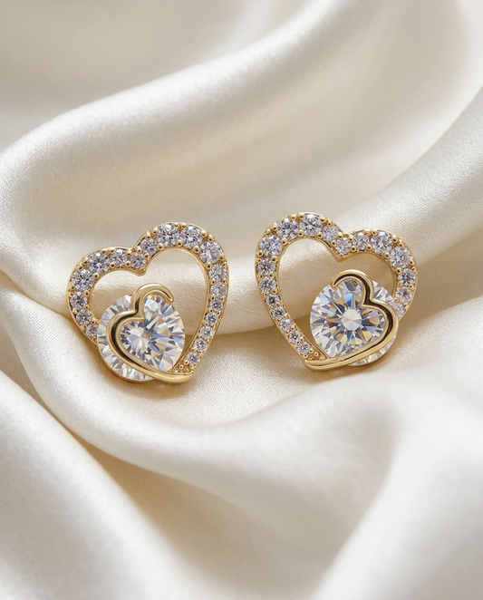 18K Gold Plated Mirrored Gold Double Heart Stud Earrings
