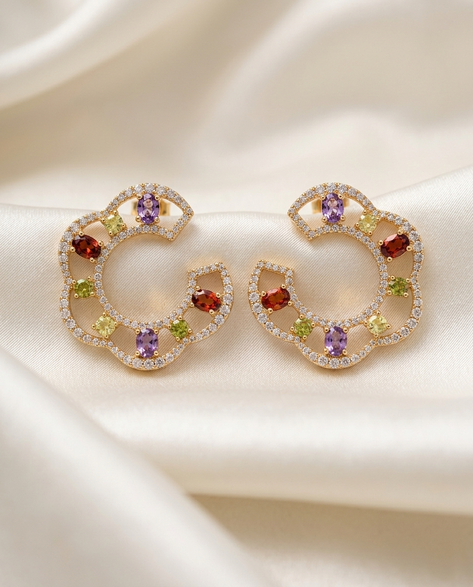 18K Gold Plated Mirrored Multi-Gemstone Hoop Earrings