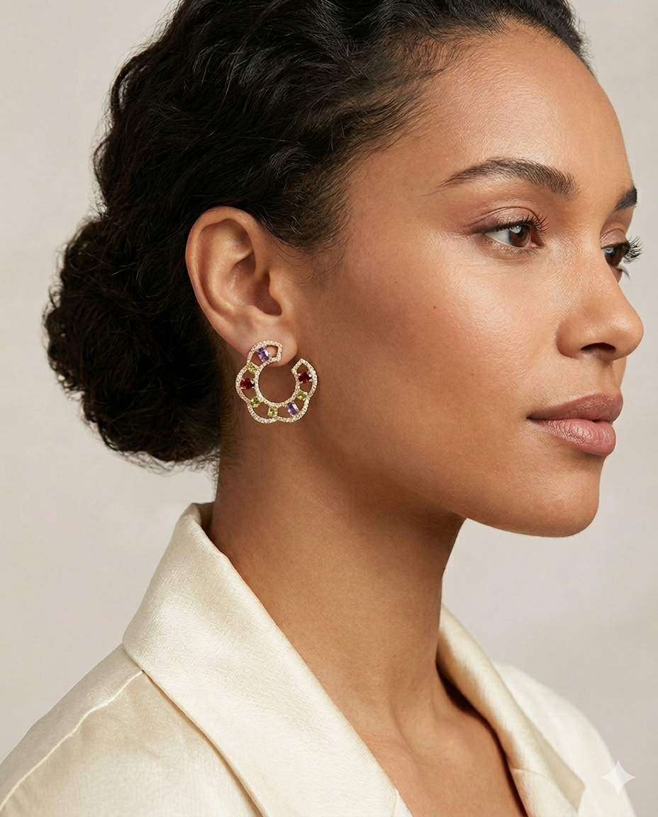 18K Gold Plated Mirrored Multi-Gemstone Hoop Earrings