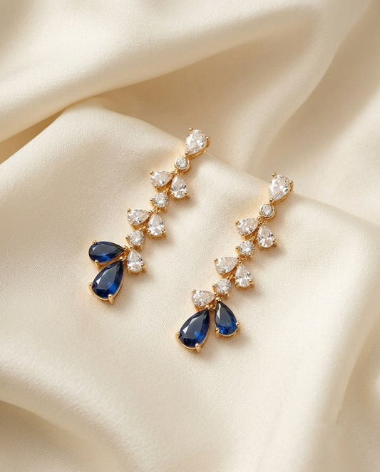 18K Gold Plated Mirrored Teardrop Blue Sapphire and Diamond Drop Earrings