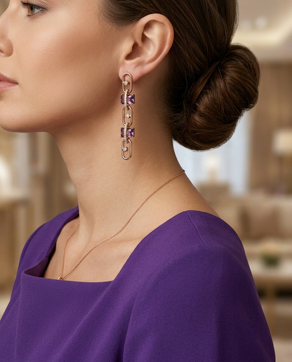 18K Gold Plated Modern Amethyst & CZ Paperclip Link Earrings