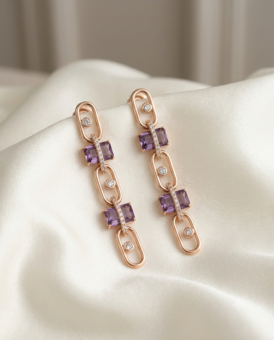 18K Gold Plated Modern Amethyst & CZ Paperclip Link Earrings