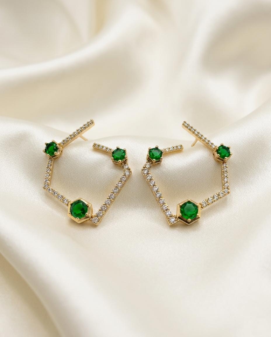 18K Gold Plated Modern Asymmetrical Geometric Studs with Green Accents & Cubic Zirconia