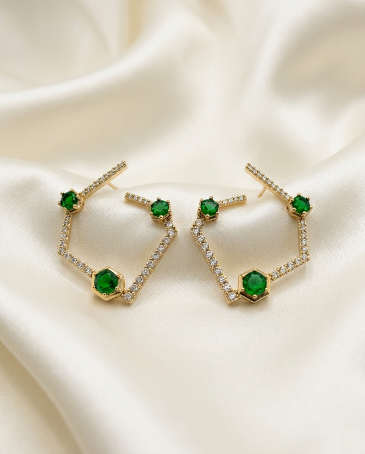 18K Gold Plated Modern Asymmetrical Geometric Studs with Green Accents & Cubic Zirconia