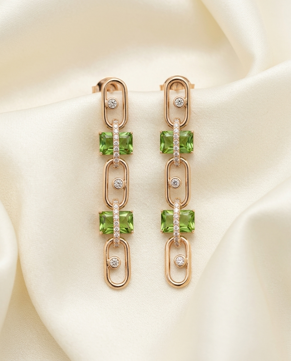 18K Gold Plated Modern Green & CZ Paperclip Link Earrings