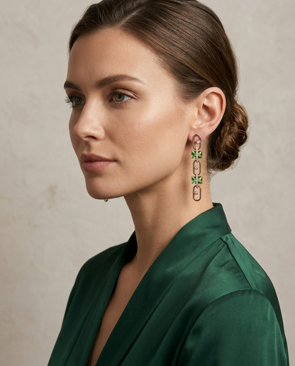 18K Gold Plated Modern Green & CZ Paperclip Link Earrings