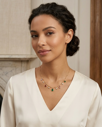 18K Gold Plated Multi-Color Gemstone Teardrop Charm Necklace