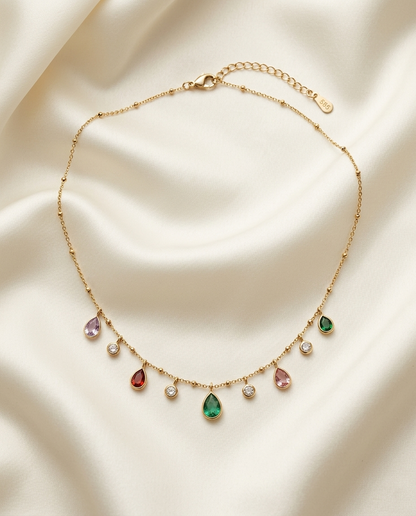 18K Gold Plated Multi-Color Gemstone Teardrop Charm Necklace