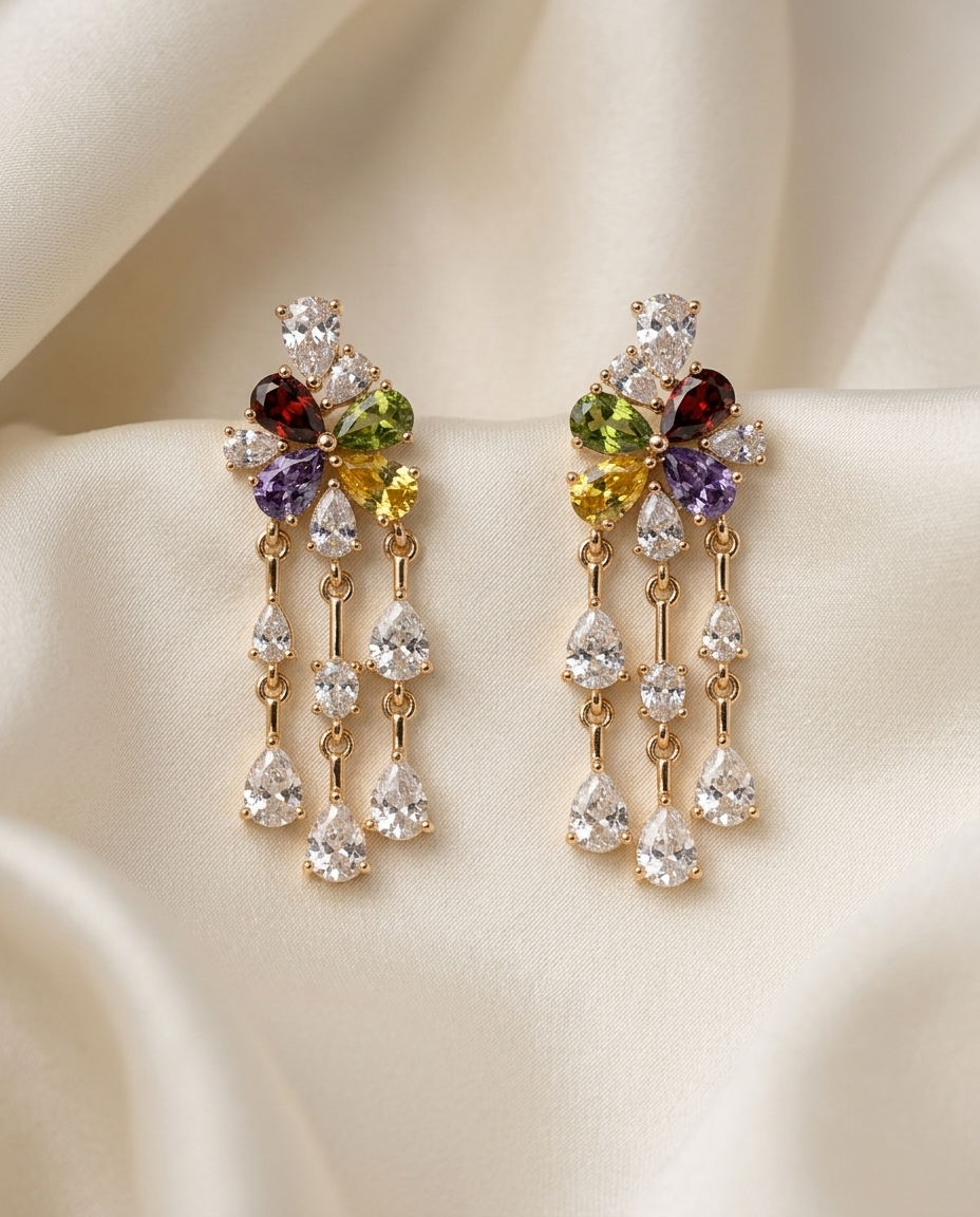 18K Gold Plated Multicolor Gemstone Floral Drop Earrings