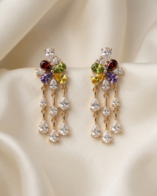 18K Gold Plated Multicolor Gemstone Floral Drop Earrings