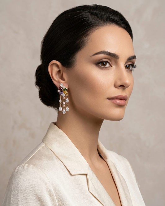 18K Gold Plated Multicolor Gemstone Floral Drop Earrings