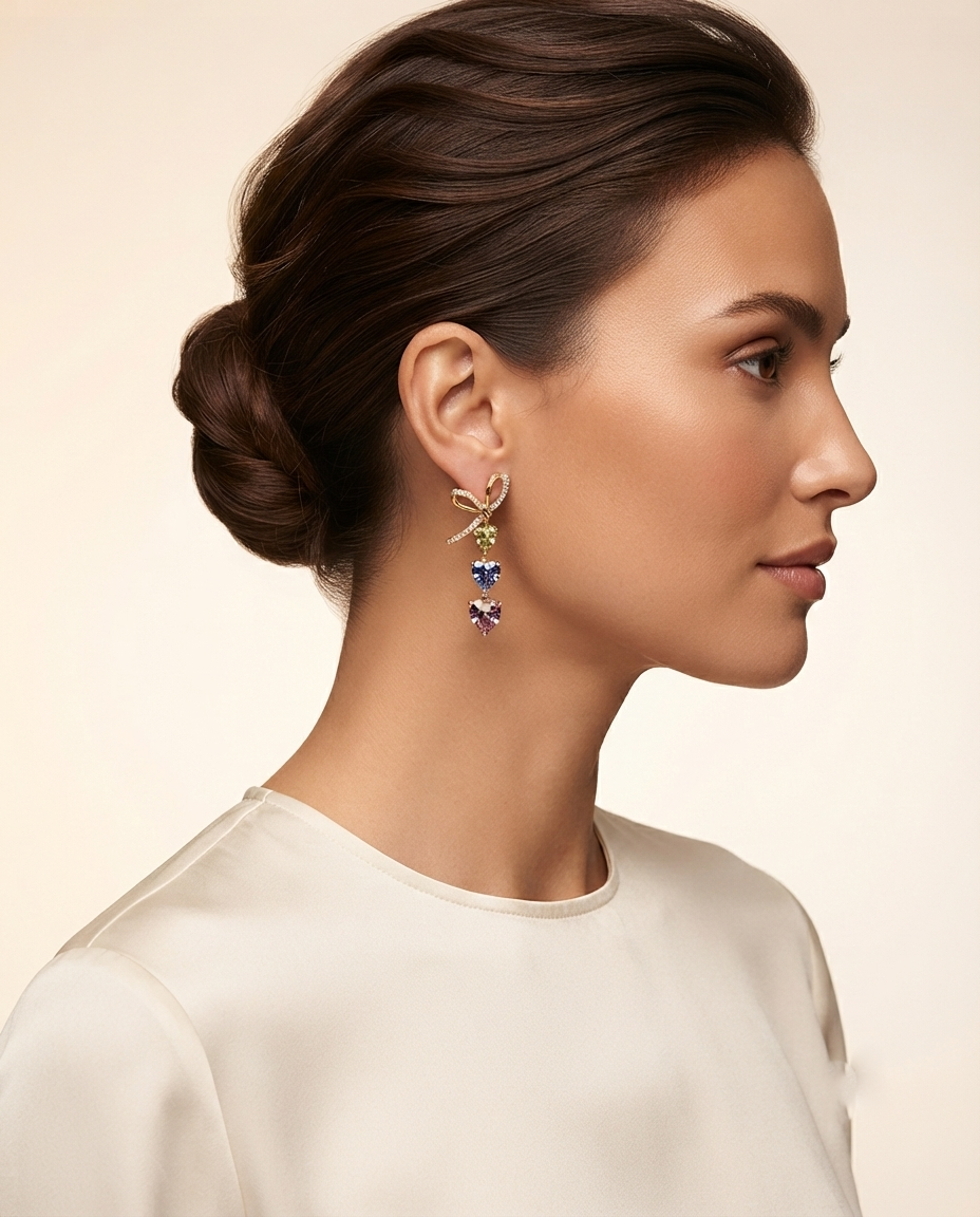 18K Gold Plated Pastel Heart Drop Bow Earrings