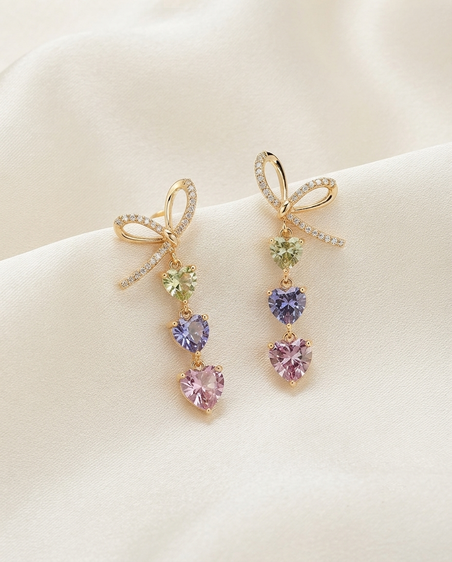 18K Gold Plated Pastel Heart Drop Bow Earrings