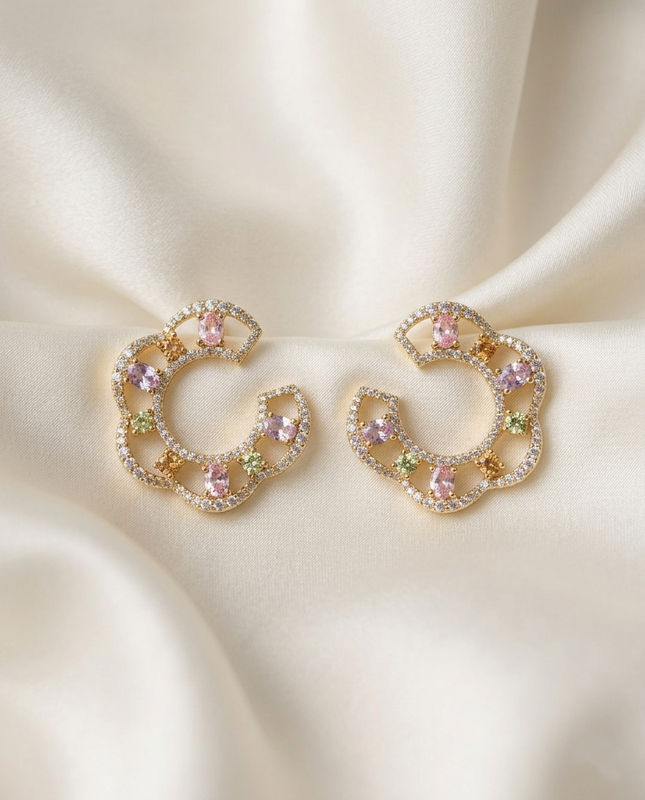 18K Gold Plated Pastel Mosaic Crystal Crescent Hoop Earrings – Mirrored Luxury Drops