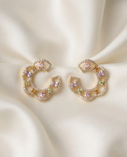 18K Gold Plated Pastel Mosaic Crystal Crescent Hoop Earrings – Mirrored Luxury Drops