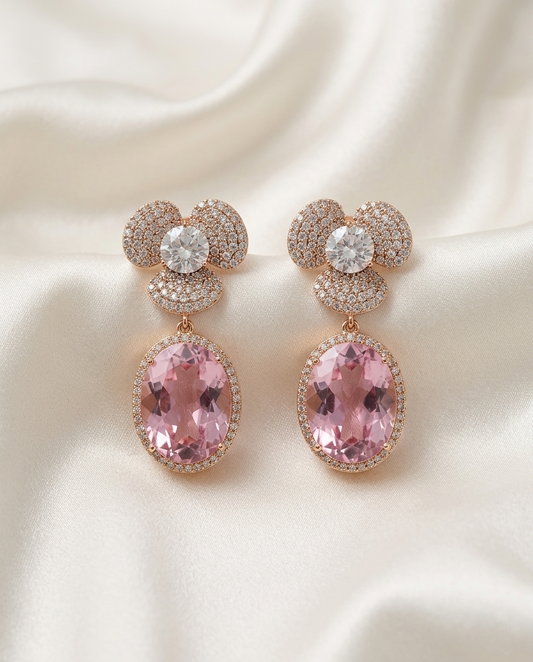 18K Gold Plated Petal & Promise Pavé Floral Drop Earrings in Blush Pink
