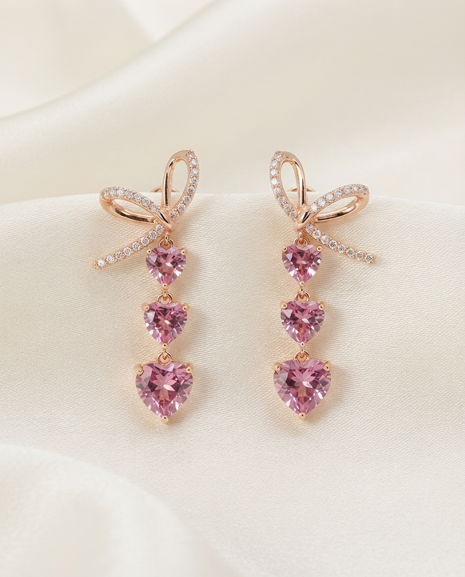18K Gold Plated Pink Heart Drop Bow Earrings