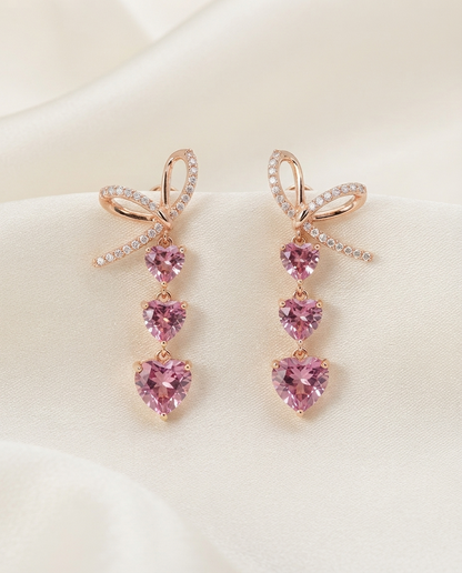 18K Gold Plated Pink Heart Drop Bow Earrings