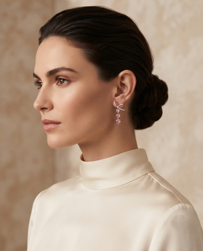 18K Gold Plated Pink Heart Drop Bow Earrings