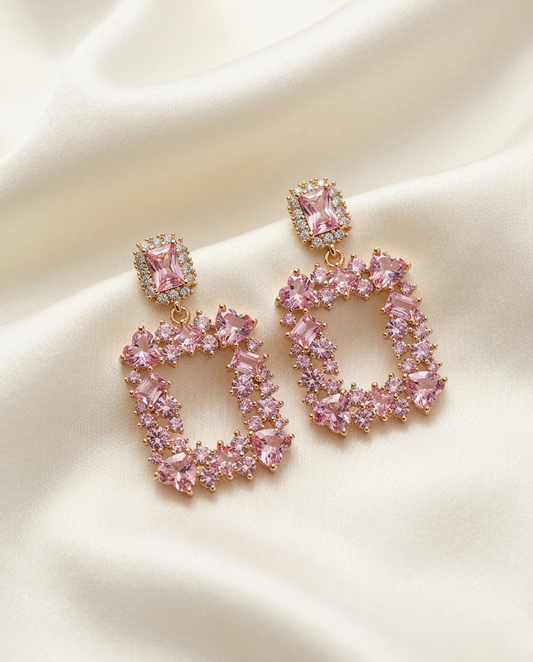 18K Gold Plated Premium Pink Zircon Geometric Square Drop Earrings