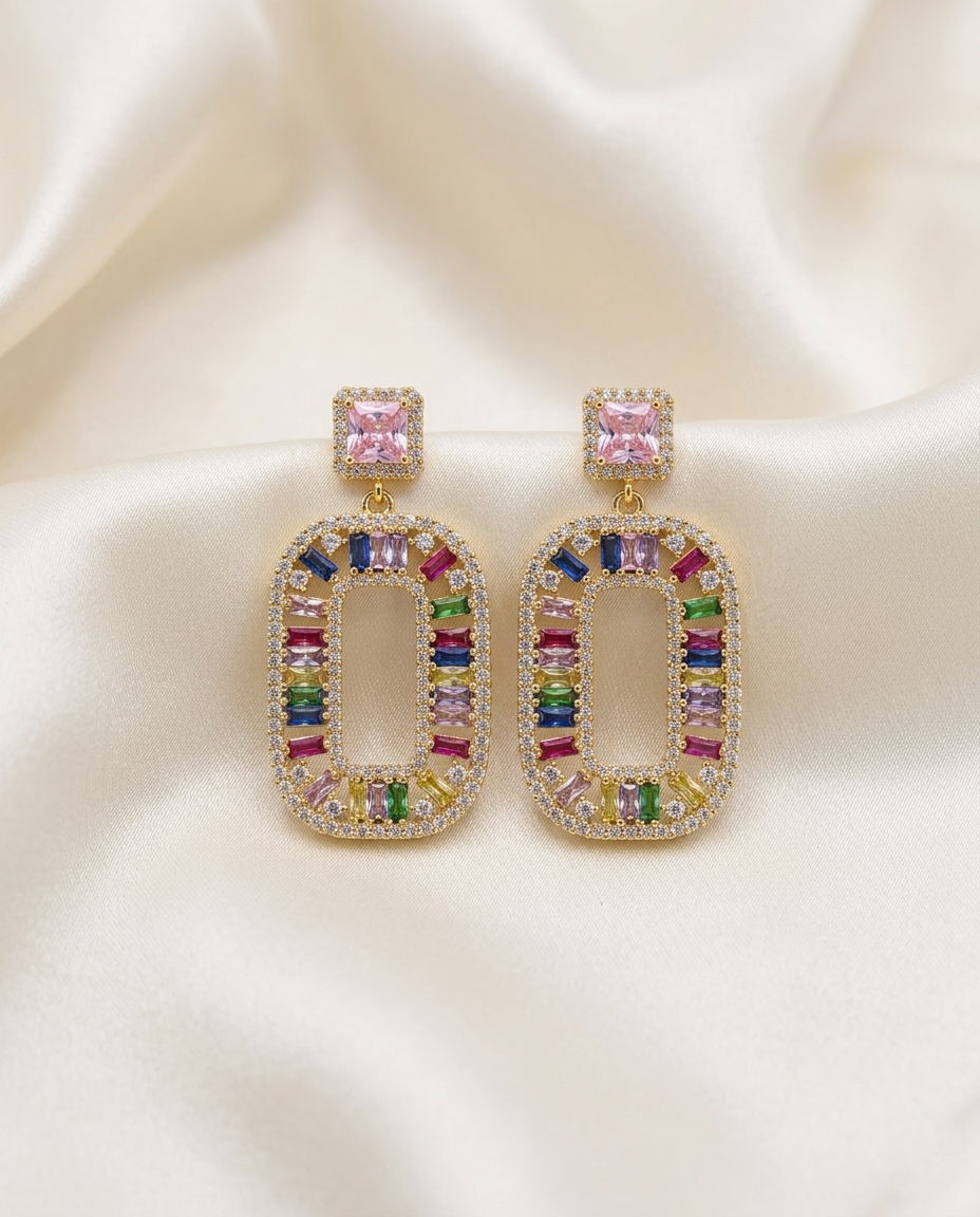 18K Gold Plated Prism Radiance: Multicolored Baguette Drop Earrings