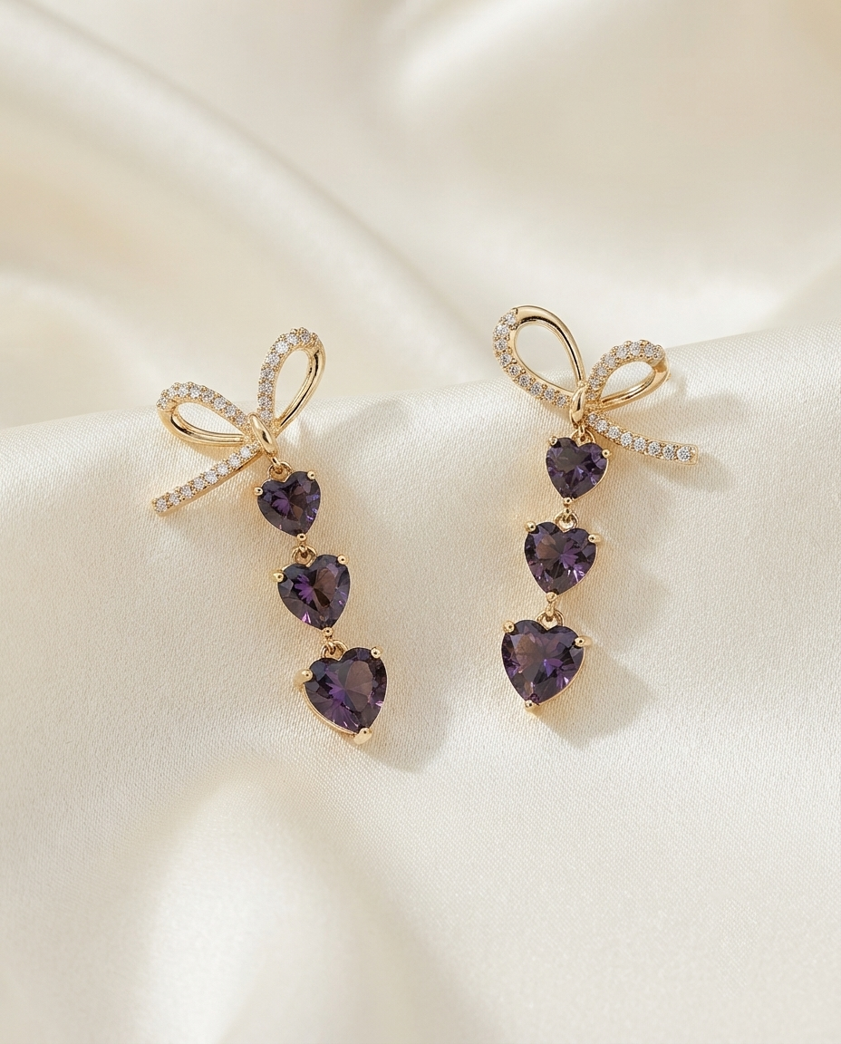 18K Gold Plated Purple Heart Drop Bow Earrings