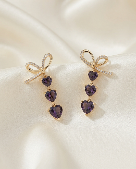 18K Gold Plated Purple Heart Drop Bow Earrings