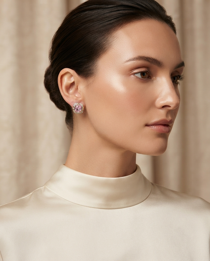 18K Gold Plated Radiant Cushion-Cut Pink Crystal Studs