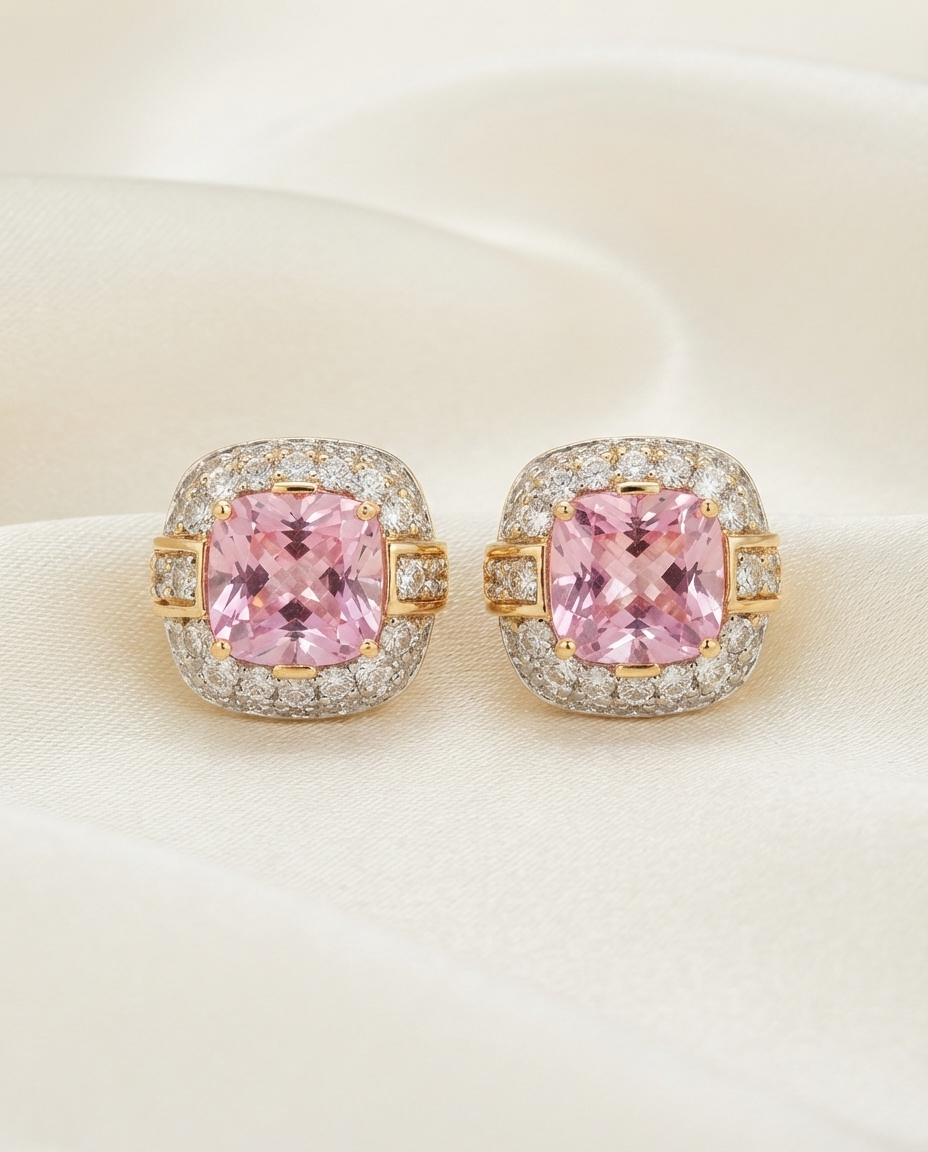 18K Gold Plated Radiant Cushion-Cut Pink Crystal Studs