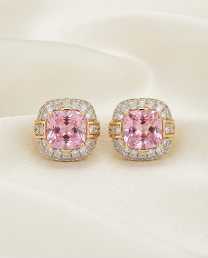 18K Gold Plated Radiant Cushion-Cut Pink Crystal Studs