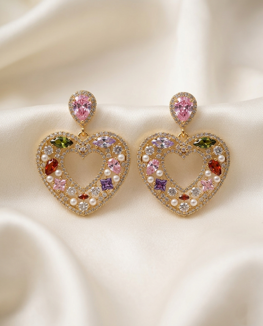 18K Gold Plated Radiant Heart Multi-Gem Statement Drop Earrings