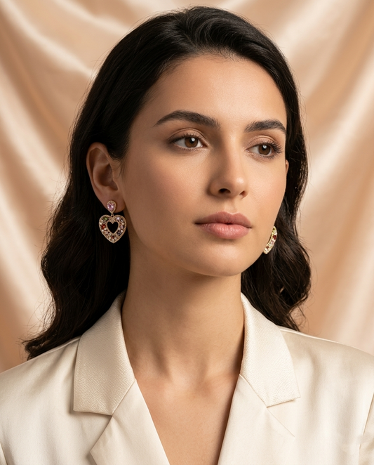 18K Gold Plated Radiant Heart Multi-Gem Statement Drop Earrings