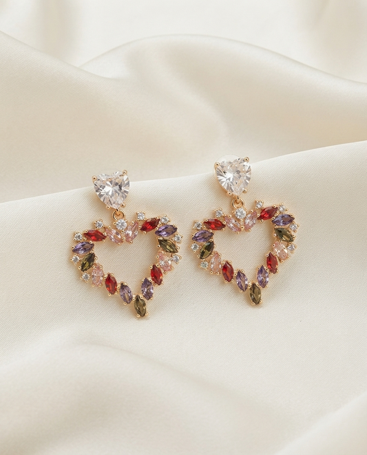 18K Gold Plated Radiant Multi-Color Heart Drop Earrings