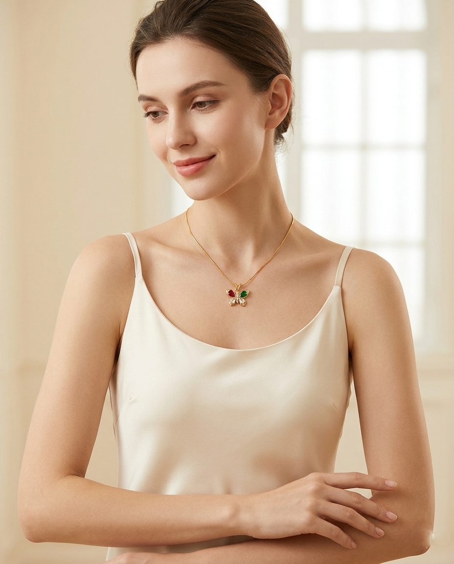 18K Gold Plated Radiant Multi-Gemstone Butterfly Necklace