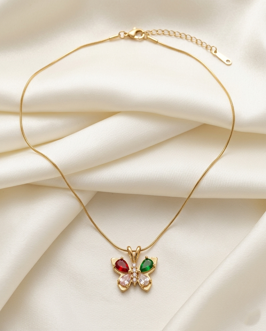 18K Gold Plated Radiant Multi-Gemstone Butterfly Necklace