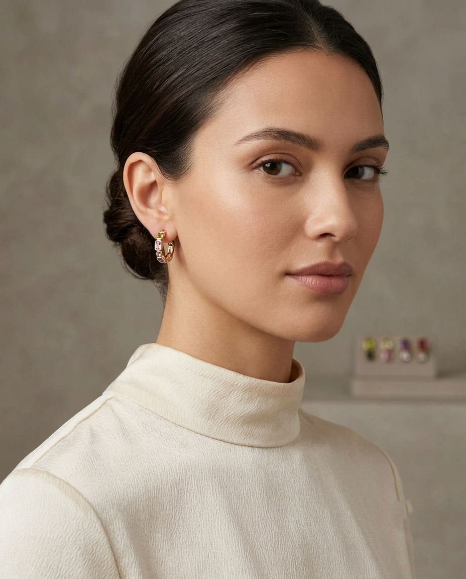18K Gold Plated Radiant Multi-Gemstone Hoop Earrings