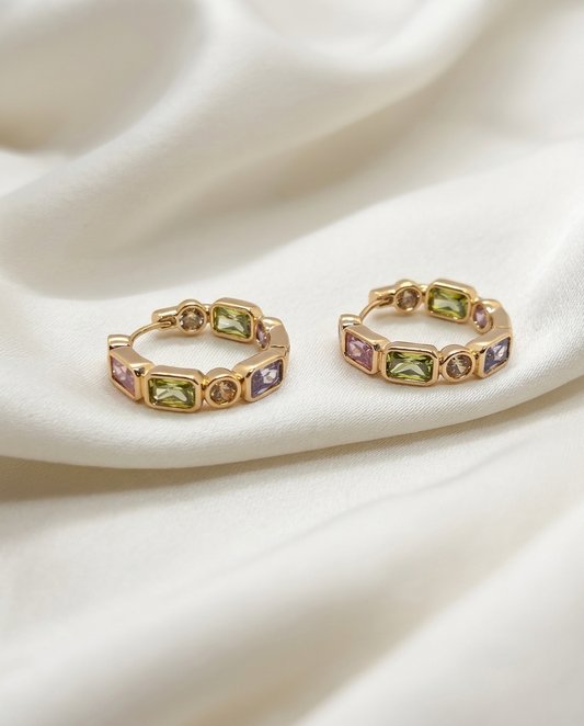 18K Gold Plated Radiant Multi-Gemstone Hoop Earrings